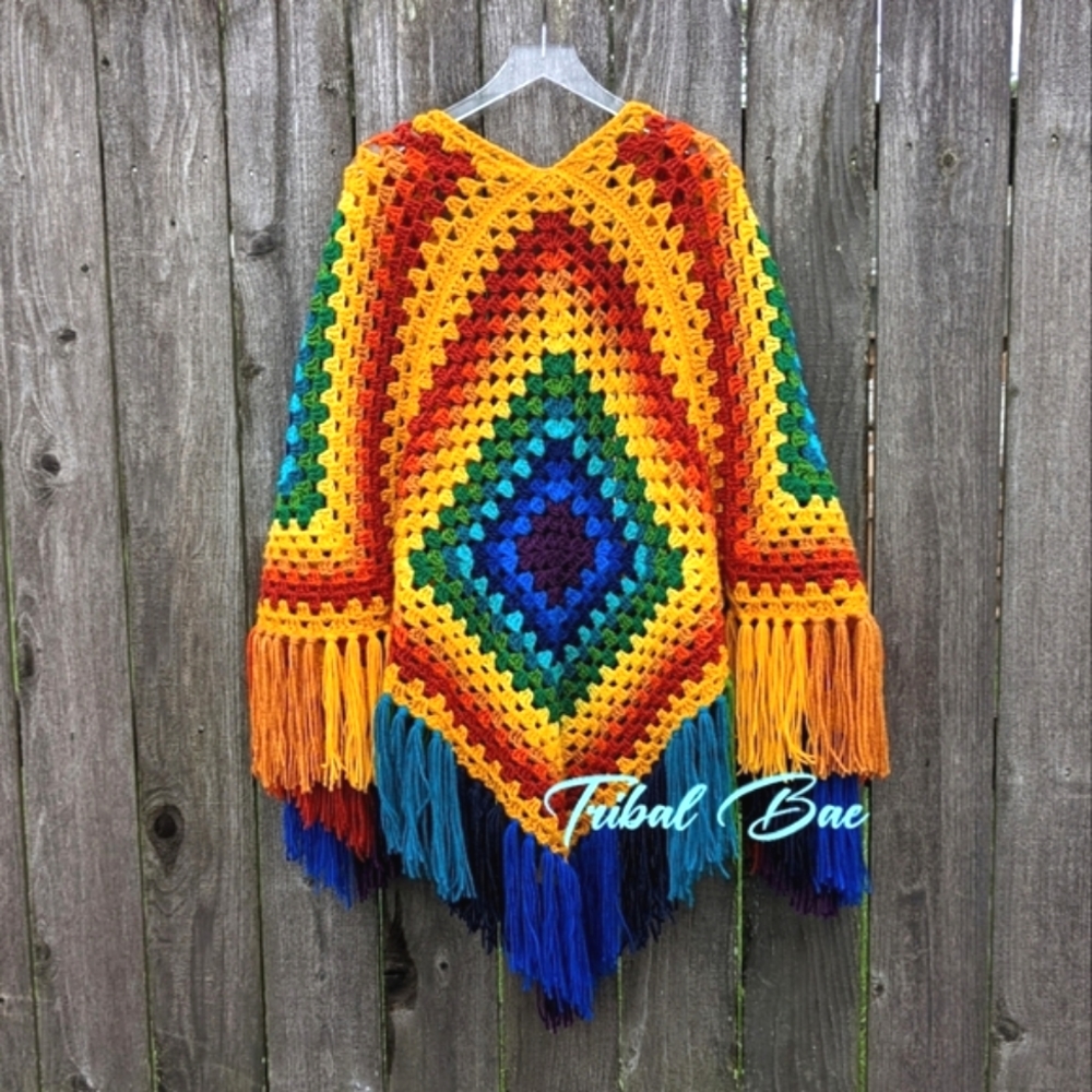 Vintage Style Crochet Granny Square Ruana In Muted Rainbow - Picture 2 of 4